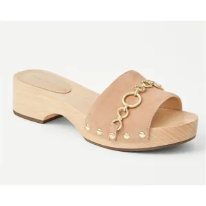 NWOT Ann Taylor Chain Leather Clog Slides in Dominican Sand Quiet Luxury Size 8