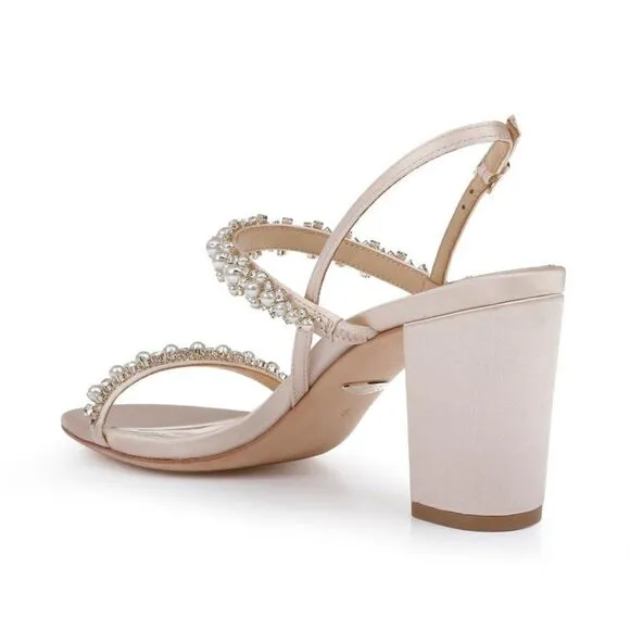 NWOT Badgley Mischka Natasha Soft Nude Light Pink Pearl Crystal Block Heels 8