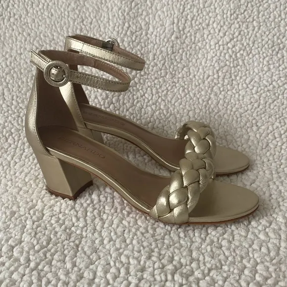 NWOT Bernardo Anthropologie Bethany Gold Braided Strap Block Heels