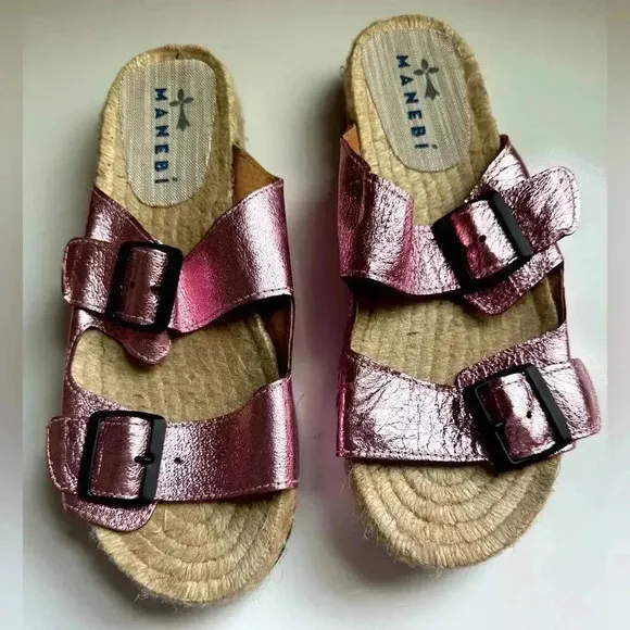 NWOT Manebi Nordic Metallic Leather Espadrille Slides