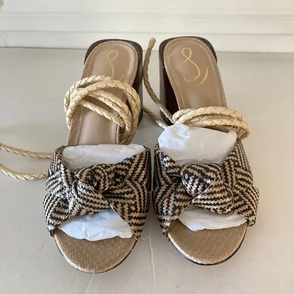 NWOT Sam Edelman Anthropologie Bodhi Black &amp; White Raffia Peep Toe Heels Sz 9