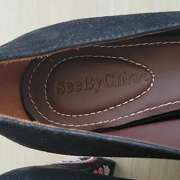 NWOT See by Chloe Black Suede Embroidered Block Heels