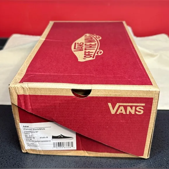 NWT &amp; Box Vans Off The Wall Canvas Asher Black/White SlipOn Sneakers Men’s Sz 8M