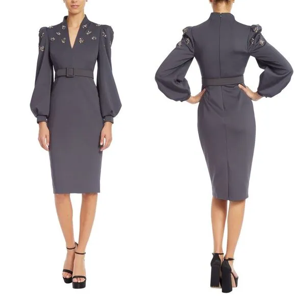 NWT BADGLEY MISCHKA Scuba Belted Sheath with Brooches Size US8 $550