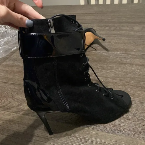 NWT BURJU Under The Influence Open Toe Lace Up Buckle Ankle Boots | Black | 13