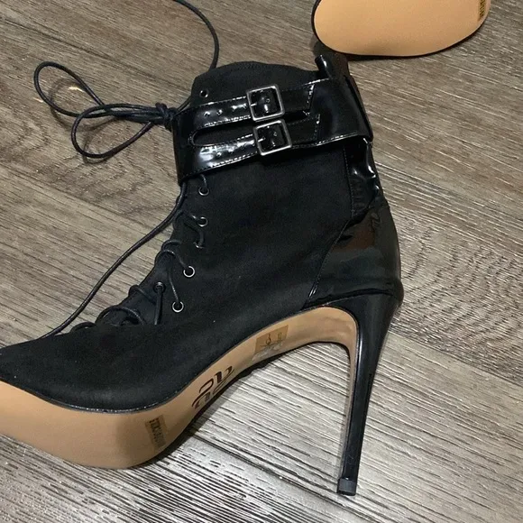 NWT BURJU Under The Influence Open Toe Lace Up Buckle Ankle Boots | Black | 13