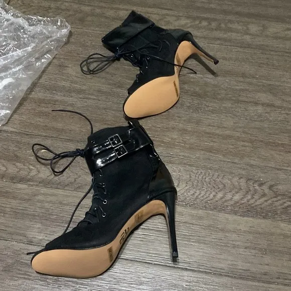 NWT BURJU Under The Influence Open Toe Lace Up Buckle Ankle Boots | Black | 13