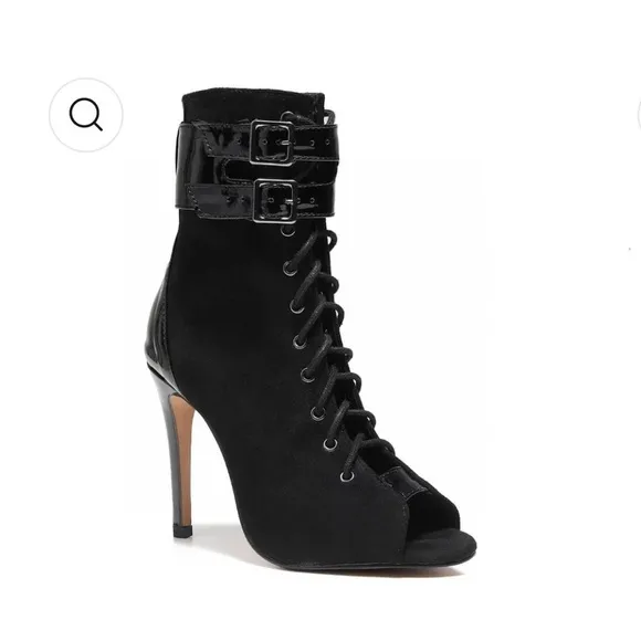 NWT BURJU Under The Influence Open Toe Lace Up Buckle Ankle Boots | Black | 13