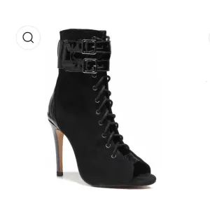 NWT BURJU Under The Influence Open Toe Lace Up Buckle Ankle Boots | Black | 13