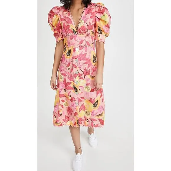 NWT FARM Rio Pink Papaya Salad Button Down Midi Dress