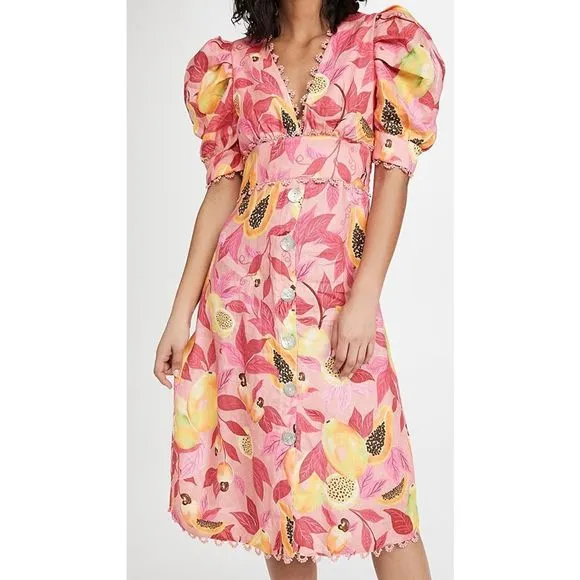 NWT FARM Rio Pink Papaya Salad Button Down Midi Dress