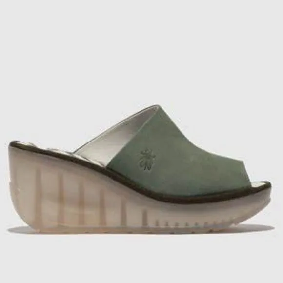 NWT Fly London Jade Green Wedge Slides
