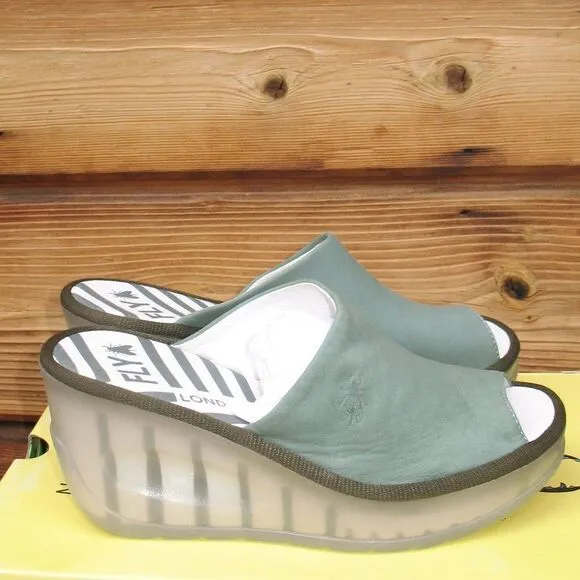 NWT Fly London Jade Green Wedge Slides