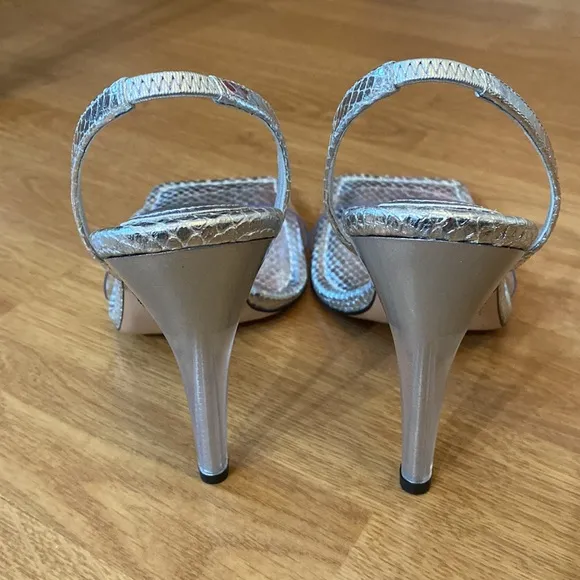 NWT: Good American Open Square Toe Heels Silver Snake Size 10