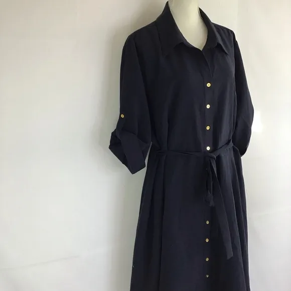 NWT- SHARAGANO (NY) WOMEN DEEP NAVY BLUE COLLARD BUTTON DOWN SHIRT DRESS SZ 24W