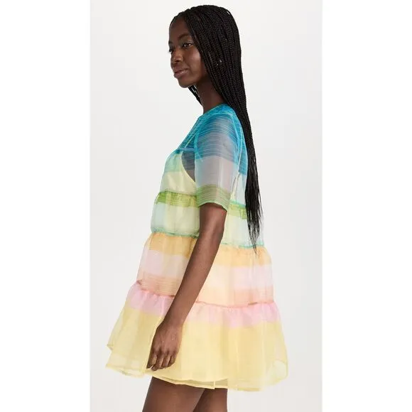 NWT Staud Sheer Organza Hyacinth Short Sleeve Tiered Mini Dress Multicolor Small