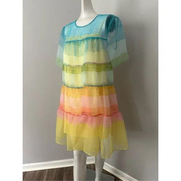 NWT Staud Sheer Organza Hyacinth Short Sleeve Tiered Mini Dress Multicolor Small