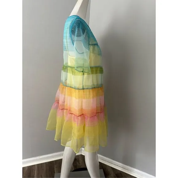 NWT Staud Sheer Organza Hyacinth Short Sleeve Tiered Mini Dress Multicolor Small
