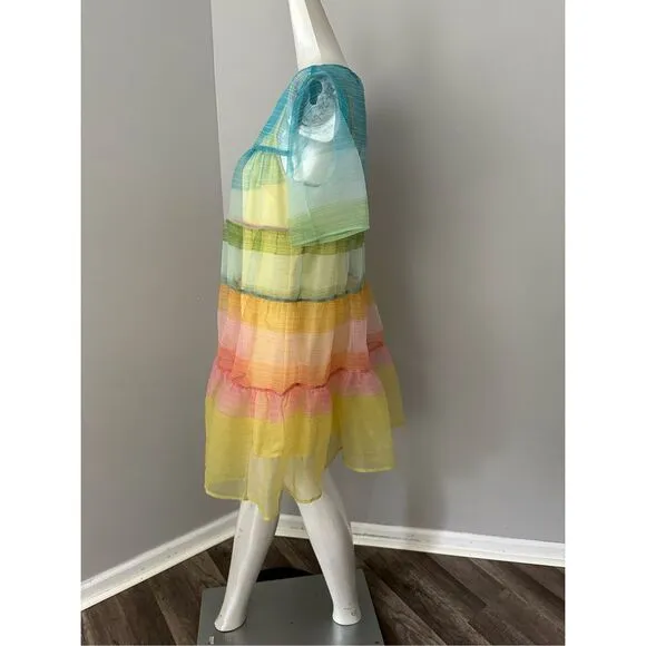 NWT Staud Sheer Organza Hyacinth Short Sleeve Tiered Mini Dress Multicolor Small