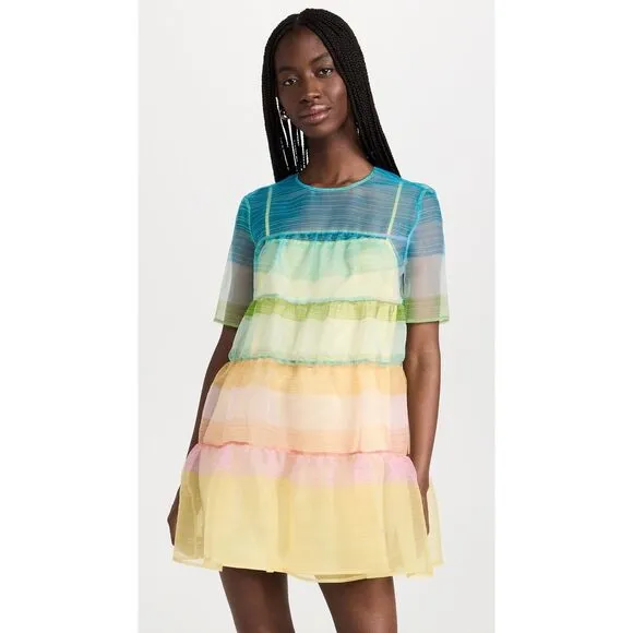 NWT Staud Sheer Organza Hyacinth Short Sleeve Tiered Mini Dress Multicolor Small