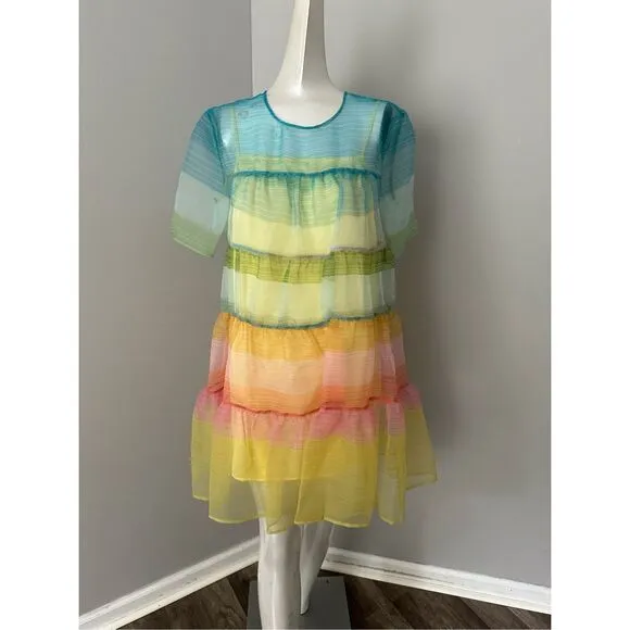 NWT Staud Sheer Organza Hyacinth Short Sleeve Tiered Mini Dress Multicolor Small