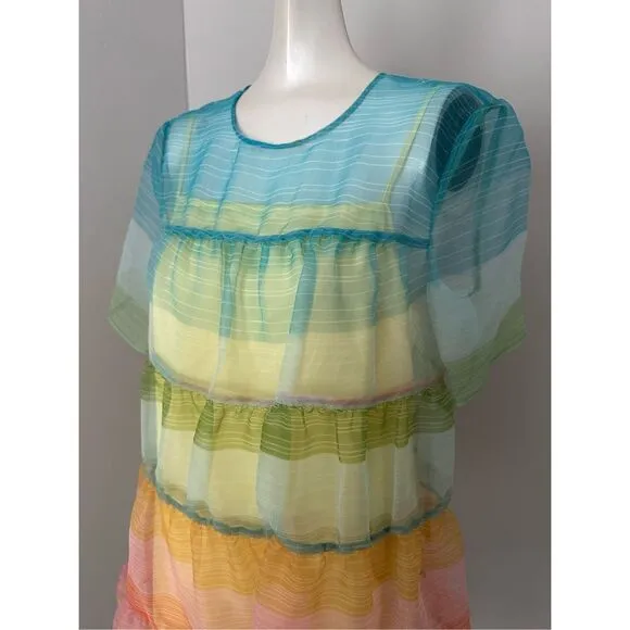 NWT Staud Sheer Organza Hyacinth Short Sleeve Tiered Mini Dress Multicolor Small
