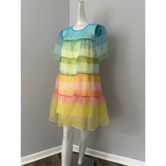 NWT Staud Sheer Organza Hyacinth Short Sleeve Tiered Mini Dress Multicolor Small