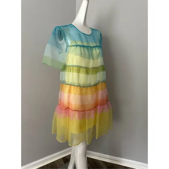 NWT Staud Sheer Organza Hyacinth Short Sleeve Tiered Mini Dress Multicolor Small