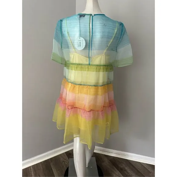 NWT Staud Sheer Organza Hyacinth Short Sleeve Tiered Mini Dress Multicolor Small