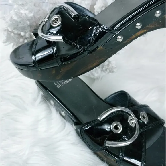 NWT STUART WEITZMAN HORSE-SET BUCKLE SANDALS SLIP-ON WOOD SOLE LEATHER PATEN…