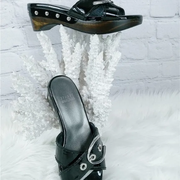 NWT STUART WEITZMAN HORSE-SET BUCKLE SANDALS SLIP-ON WOOD SOLE LEATHER PATEN…