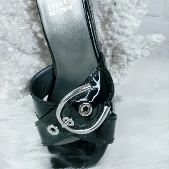 NWT STUART WEITZMAN HORSE-SET BUCKLE SANDALS SLIP-ON WOOD SOLE LEATHER PATEN…
