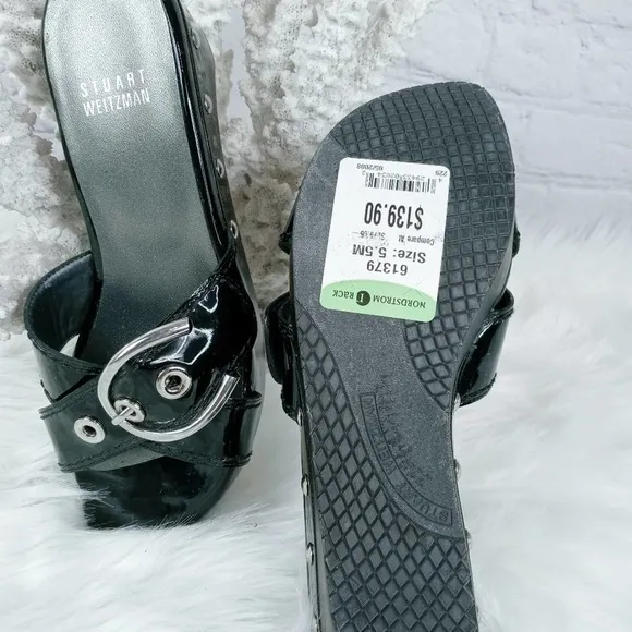 NWT STUART WEITZMAN HORSE-SET BUCKLE SANDALS SLIP-ON WOOD SOLE LEATHER PATEN…