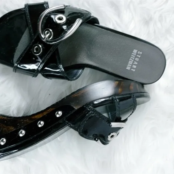 NWT STUART WEITZMAN HORSE-SET BUCKLE SANDALS SLIP-ON WOOD SOLE LEATHER PATEN…