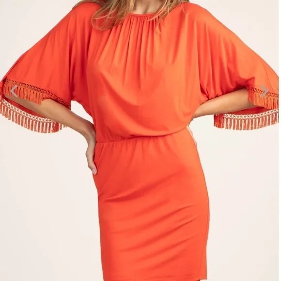 Nwt Trina Turk Bird of Paradise Dress Tiger Lily Orange Fringe Sleeve S