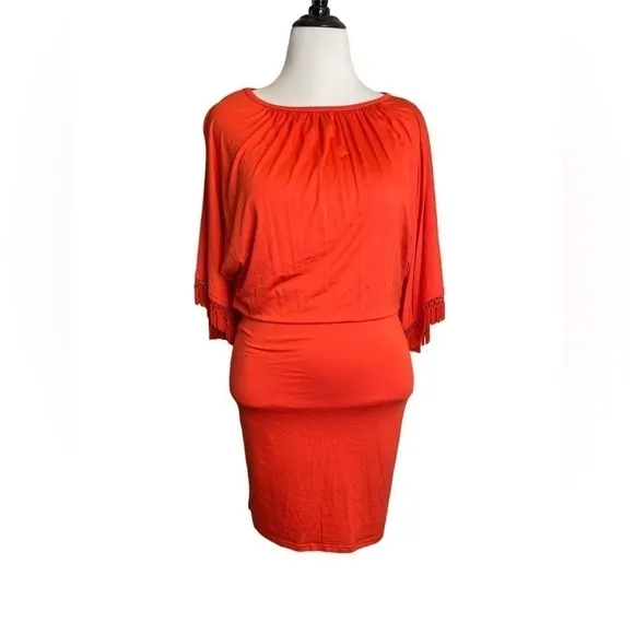 Nwt Trina Turk Bird of Paradise Dress Tiger Lily Orange Fringe Sleeve S