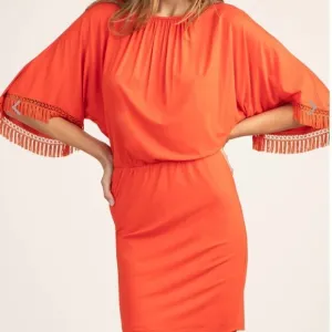 Nwt Trina Turk Bird of Paradise Dress Tiger Lily Orange Fringe Sleeve S
