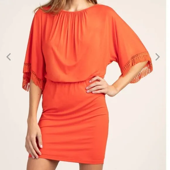 Nwt Trina Turk Bird of Paradise Dress Tiger Lily Orange Fringe Sleeve S