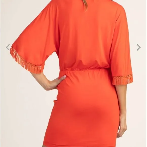 Nwt Trina Turk Bird of Paradise Dress Tiger Lily Orange Fringe Sleeve S
