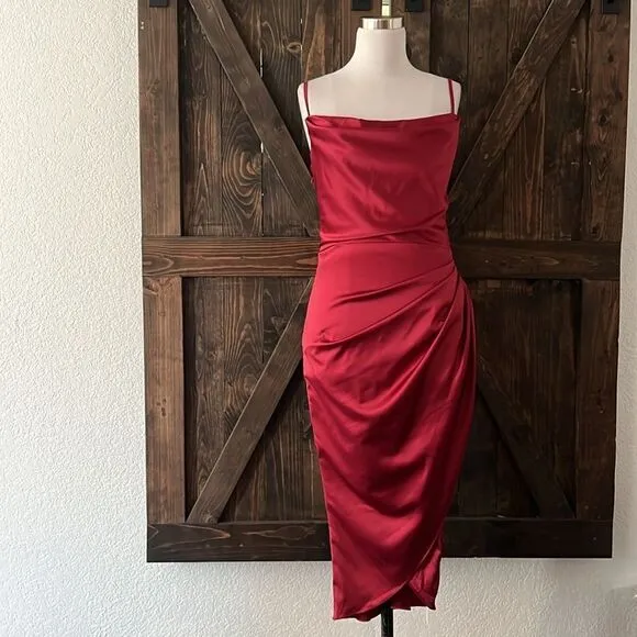 NWT HTZMO Satin Slip Dress Cowl Neck Ruched Bodycon MIDI Dress