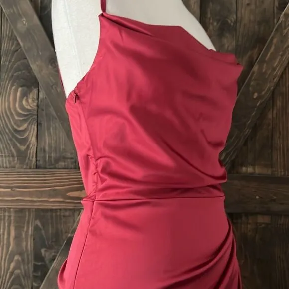 NWT HTZMO Satin Slip Dress Cowl Neck Ruched Bodycon MIDI Dress