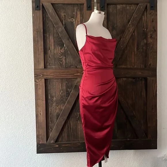 NWT HTZMO Satin Slip Dress Cowl Neck Ruched Bodycon MIDI Dress