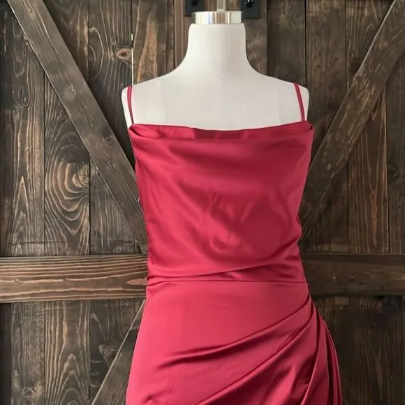 NWT HTZMO Satin Slip Dress Cowl Neck Ruched Bodycon MIDI Dress