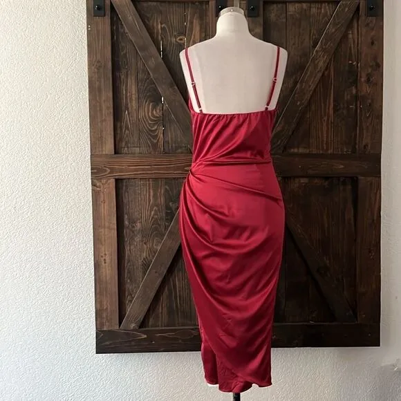 NWT HTZMO Satin Slip Dress Cowl Neck Ruched Bodycon MIDI Dress