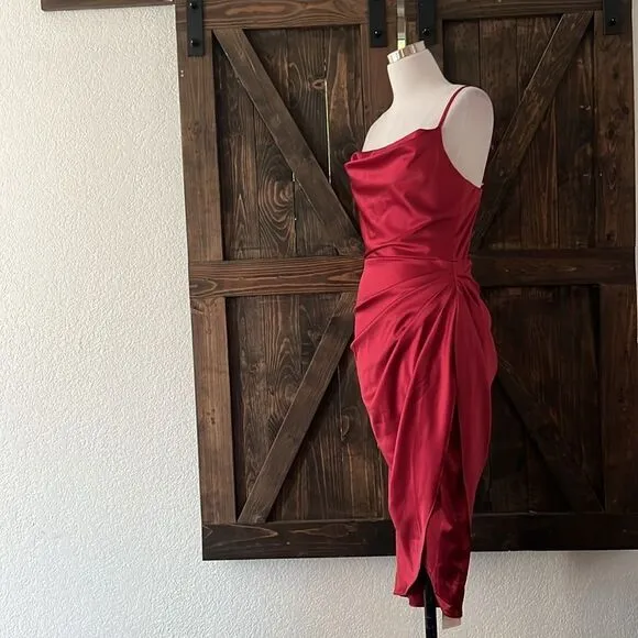 NWT HTZMO Satin Slip Dress Cowl Neck Ruched Bodycon MIDI Dress