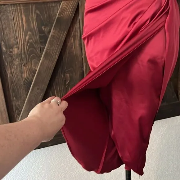 NWT HTZMO Satin Slip Dress Cowl Neck Ruched Bodycon MIDI Dress