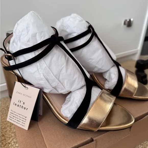 NWT🌟ZARA T-Strap, Strappy Block Heels, Size 8M