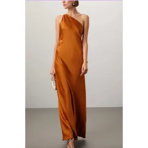 Obando Dress Womens 0 Orange Satin One Shoulder Slip Gown Cocktail Party