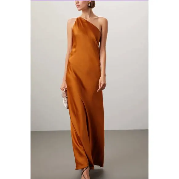 Obando Dress Womens 0 Orange Satin One Shoulder Slip Gown Cocktail Party