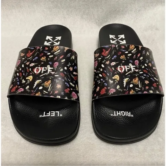 Off-White Floral Logo Black Background Slides 7 NWOT